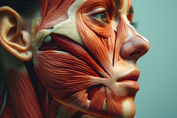 SIde view woman face human anatomy, skin and muscles