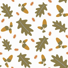 Autumn seamless pattern in simple cartoon style. Seamless pattern with acorns and oak leaves in simple cartoon style. 
