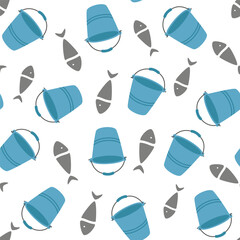 Fishing seamless pattern in simple cartoon style. Bucket and fish vector illustration.
