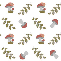 Seamless pattern with mushrooms in simple cartoon style. mushrooms and leaves vector illustration on transparent background