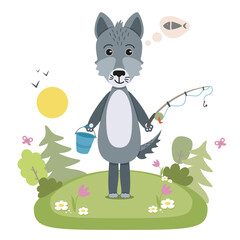 Cute animal in cartoon flat minimal style. Vector illustration of wolf in forest landscape.