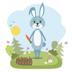 Cute animal in cartoon flat minimal style. Vector illustration of rabbit in forest landscape.
