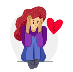 Young woman with a broken heart failed love and breakup emotional concept, vector illustration of a suffering after broken up relations.