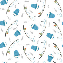 Summer seamless pattern with fish, fishing rod and bucket.Vector illustration in simple cartoon style.
