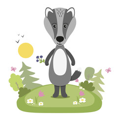 Cute animal in cartoon flat minimal style. Vector illustration of badger in forest landscape.