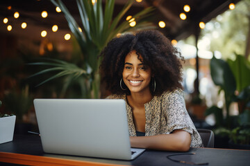 Generative AI technology picture of chilling nomad person sitting near seaside beach pool cafeteria working remotely with laptop