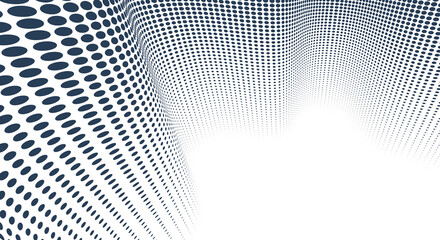 Black dots in 3D perspective vector abstract background, monochrome dotted pattern cool design, wave stream of science technology or business blank template for ads.