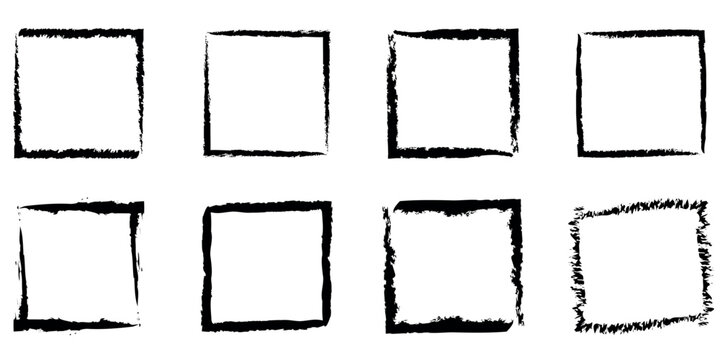 Hand drawn pencil square borders.Set of black chalk frames.Grunge frame.Rectangle boxes. Vector illustration isolated on white background.