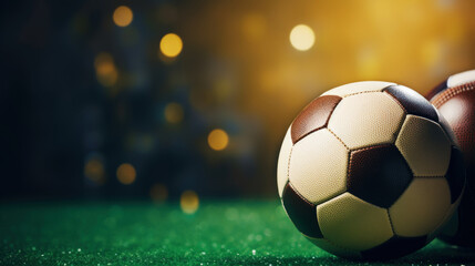 Fototapeta premium Close up of football balls on green grass background, side view. Copy space. Sport advertising concept. Generative AI