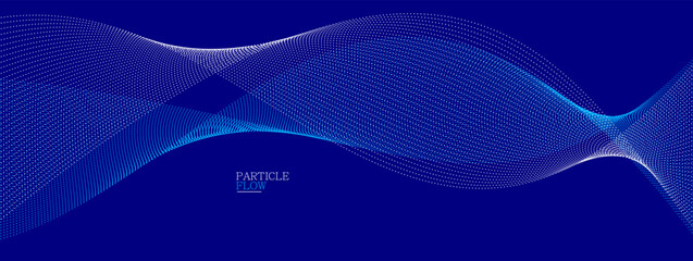 Dark blue abstract background, vector wave of flowing particles, curvy lines of dots in motion, technology and science theme, airy and ease futuristic illustration.