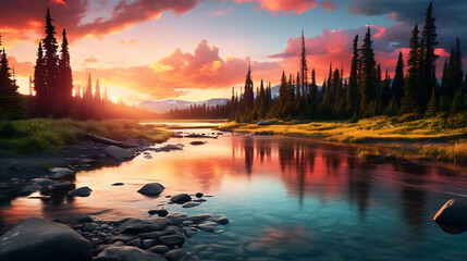 Fototapeta na wymiar a peaceful river winding through a forest, reflecting the vibrant colors of the sky during a clear sunset, offering a serene and picturesque HD view of nature