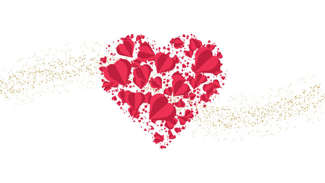 Absract background with hearts vector design. Overlap Red Hearts with gold confetti isolated on transparent background. Vector Illustration.