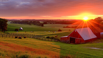 A panoramic view of a sunset over rolling farmlands with a barn and grazing livestock.