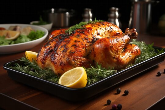 3D Render of Spiced Roast Chicken with Herbs, on an isolated  White background, Generative AI
