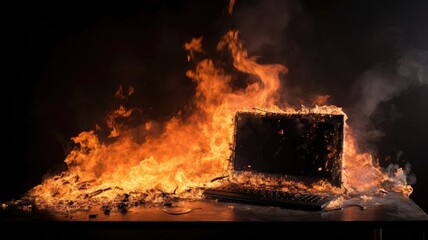 The laptop is on the table and on fire. The computer exploded, everything is on burn. - obrazy, fototapety, plakaty