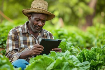 African farmer studying plant leaves on organic farm with tablet. Generative Ai.