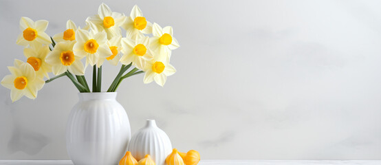 Yellow daffodils in a white pot, in the style of scattered composition, poster, minimalist backgrounds, made of flowers, nikon d850, ornate, shaped canvas

