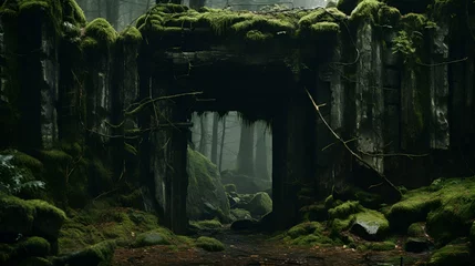Fotobehang an enchanting forest clearing with ancient, moss-covered stones, creating an atmosphere of timeless mystique © Micro