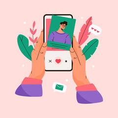 Online dating app. Man holding smartphone and chatting, male character using mobile application for virtual flirt and relationship. Vector flat illustration