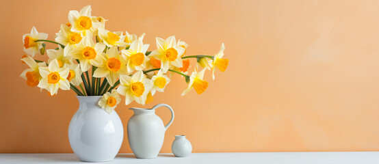 Fototapeta na wymiar Yellow daffodils in a white pot, in the style of scattered composition, poster, minimalist backgrounds, made of flowers, nikon d850, ornate, shaped canvas