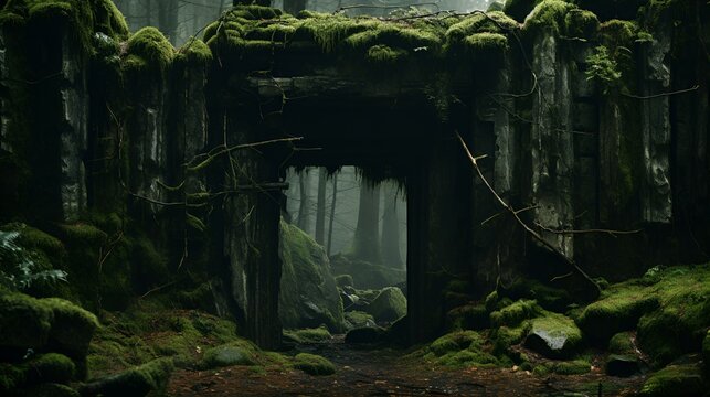 Fototapeta an enchanting forest clearing with ancient, moss-covered stones, creating an atmosphere of timeless mystique
