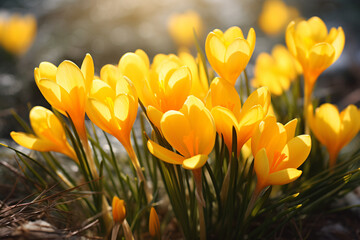 Fototapeta premium Yellow crocus flowers in the spring, in the style of lightbox, skeuomorphic, light-focused