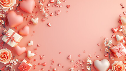 Valentines day Background with copy space for text 3d love, heart and tiny flower blank space for text