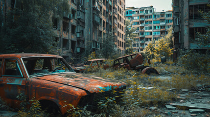 A post-apocalyptic cityscape with overgrown buildings and rusted vehicles. - obrazy, fototapety, plakaty
