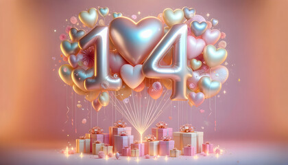 A soft and dreamy Valentine's Day 3D illustration, with a gentle pastel pink background. The scene is centred around large, pastel-colored metallic balloons shaped as the number '1' and '4', together