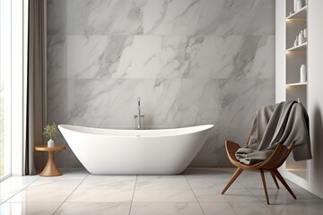 Fototapeta na wymiar Luxurious bathroom interior with stylish bathtub and elegant accent chair design