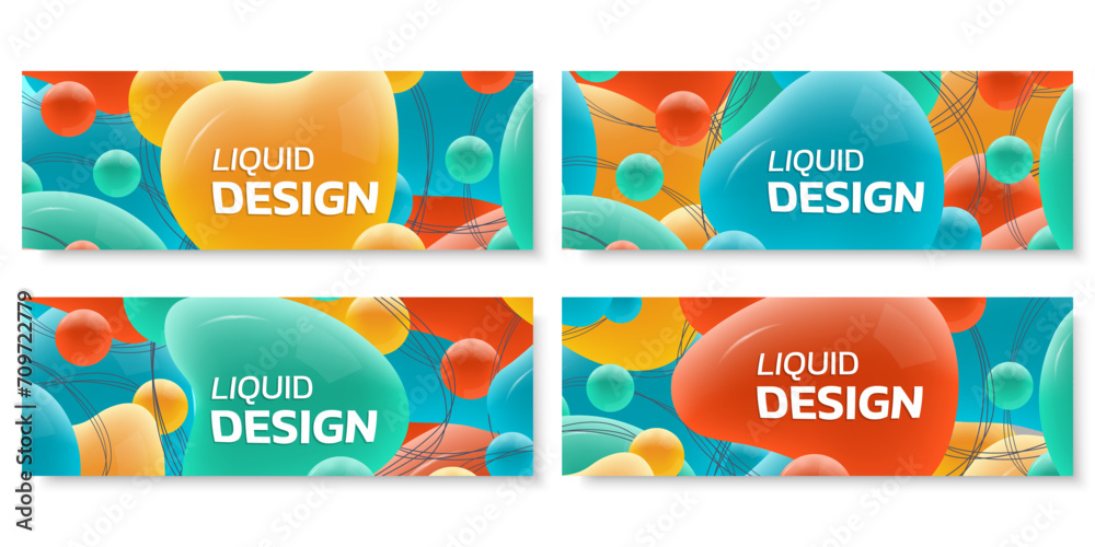 Wall mural abstract shape banner or background set with liquid or fluid 3d shapes. dynamic header design templa