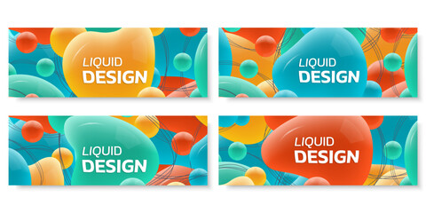 Abstract shape banner or background set with liquid or fluid 3d shapes. Dynamic header design template with abstract colorful bubbles. Vector illustration.