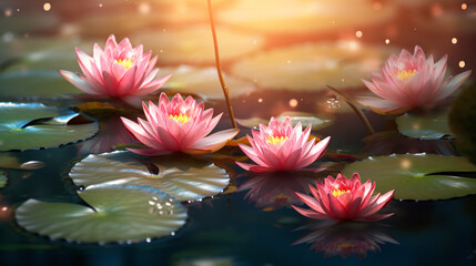 Beautiful pink flower water lily, close up sunlit flower reflection photo freebie, in the style of light crimson and light bronze, realistic landscape paintings, photo-realistic landscapes, light red  - Powered by Adobe