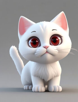 white cat with eyes cat on a white Cute black baby cat 3d character. Cartoon cat with cute eyes. 3d render illustration. white backround Farm animals set