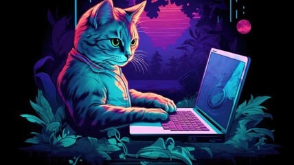 Cat is sitting at a laptop and typing something on the keyboard. Neon style. The cat is a gamer, a hacker. Cartoon style. - obrazy, fototapety, plakaty