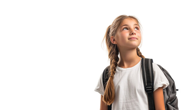 French Girl Stands Backpack on a transparent background