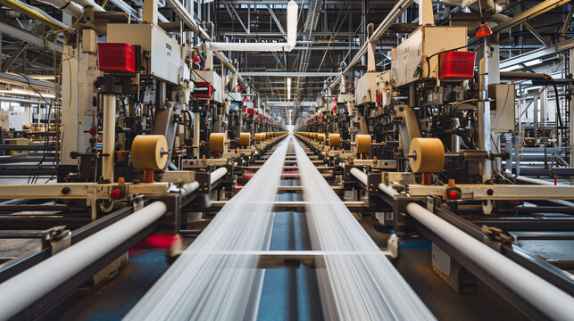 A modern textile factory with automated looms and machinery showcasing the evolution of the textile industry.