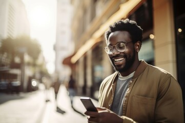 Cheerful african american man at street. City man smile walk happy. Generate Ai - obrazy, fototapety, plakaty