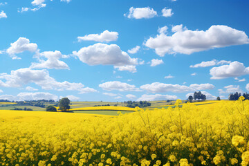 Obraz premium Yellow flowering canola on green field, in the style of australian landscape, bold chromaticity, expansive skies, light sky-blue, samyang af 14mm f/2.8 rf, unprimed canvas, uhd image