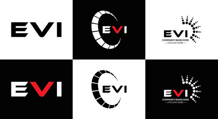 EVI logo. E V I design. White EVI letter. EVI, E V I letter logo design. Initial letter EVI linked circle uppercase monogram logo. E V I letter logo vector design. EVI letter logo design five style.	
