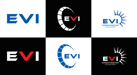 EVI logo. E V I design. White EVI letter. EVI, E V I letter logo design. Initial letter EVI linked circle uppercase monogram logo. E V I letter logo vector design. EVI letter logo design five style.	
