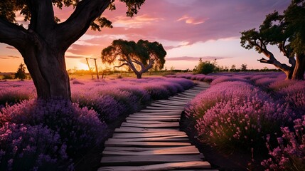 Violet Fields of Lavender, lavender field at sunset, Magical Sunset and Reflection in Serene Meadow...