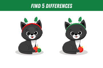 Find 5 differences between two pictures of cute black cat. Cute kitten. Christmas game. Activity page. Xmas.