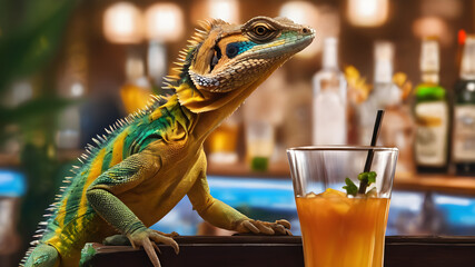 A liguans lizard in the bar at the table with the cocktail. Tropical party - obrazy, fototapety, plakaty