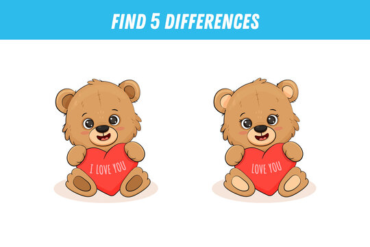 Find five differences between two pictures of cute brown bear. Cute teddy bear with heart. Activity page, game. 