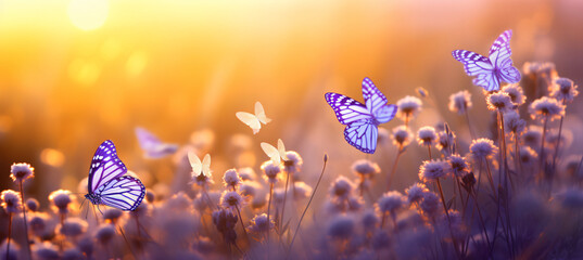 A butterfly sitting on lavender flowers in the morning, in the style of bokeh panorama, light orange and light indigo, softbox lighting, organic texture, joyful and optimistic, cinestill 50d, light or - Powered by Adobe