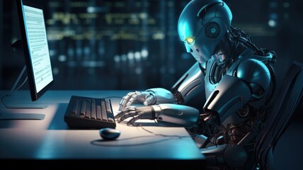 The robot is sitting at a computer in the office and typing on a typewriter against the background of a blurred window. The city is outside the window. Futuristic illustration.
