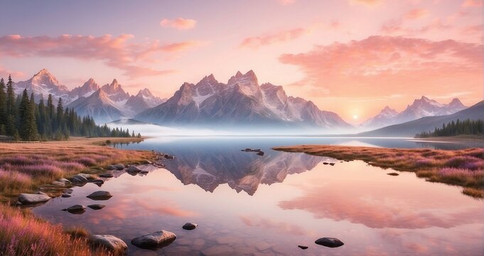 A breathtaking, ultra-realistic mountain vista at dawn, with a soft pink and orange sky, towering peaks, and a serene lake reflecting the scene - Generative AI