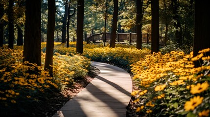 autumn in the city park , beautiful pathway in the park with yellow flowers around it and tall trees
