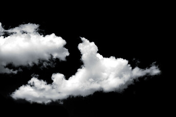 White long cumulus clouds isolated on black background. Climate, metrology, design element